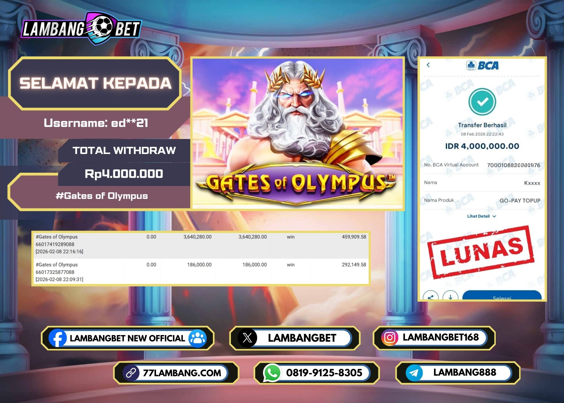 LAMBANGBET [8 FEBRUARI 2026] JACKPOT SLOT Gates of Olympus "Rp4.000.000" LUNAS